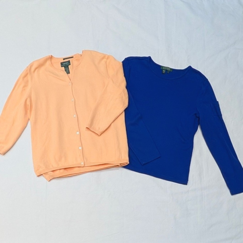 Lauren Ralph Lauren Women Knit Bundle of 2 Peach Cardigan Tank Blue Large.